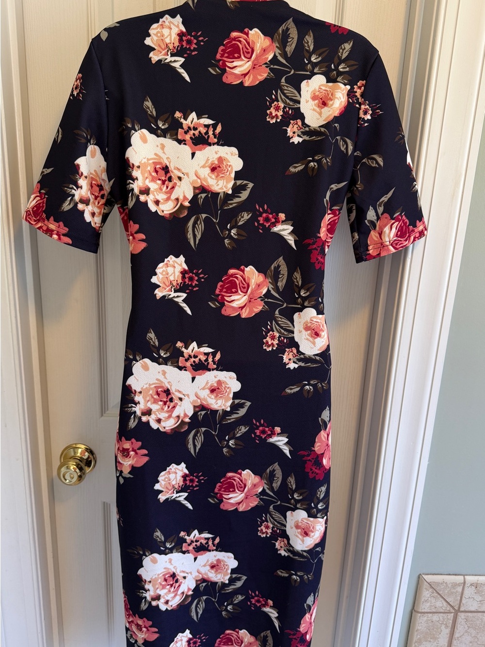 SHEIN Floral Mock-Neck Midi Dress in Navy and Rose - Picture 3 of 4